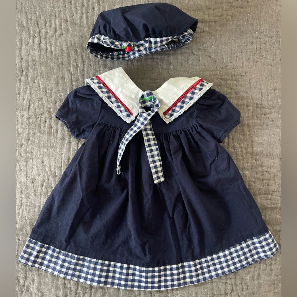 Vintage Navy White Dress & Cap Matching Set Rosettes 2T Cotton Gingham Collar - Picture 2 of 12